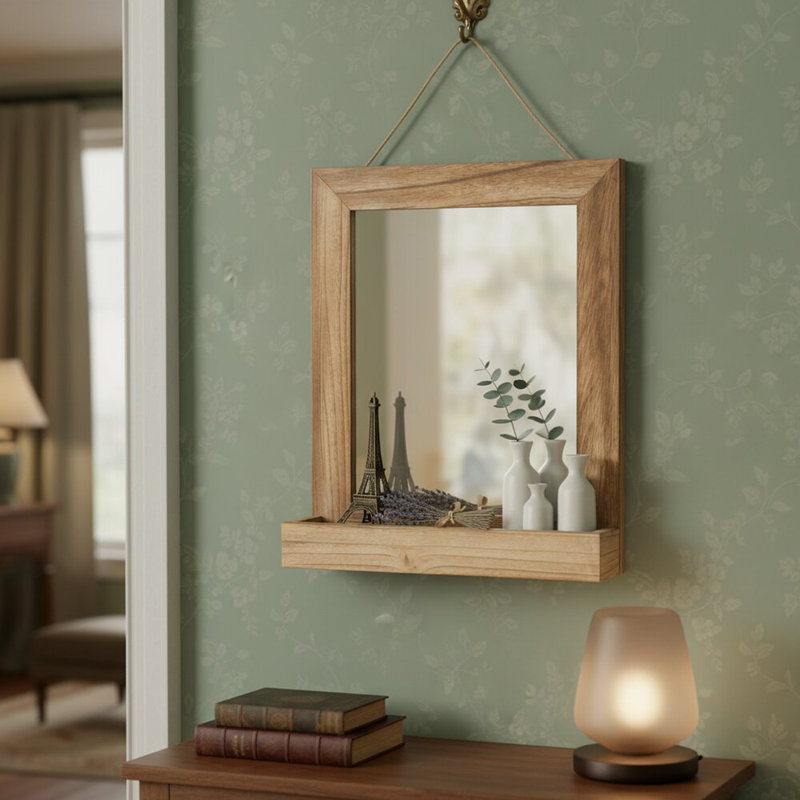 Solid Wood Rectangle Mirror with Shelves