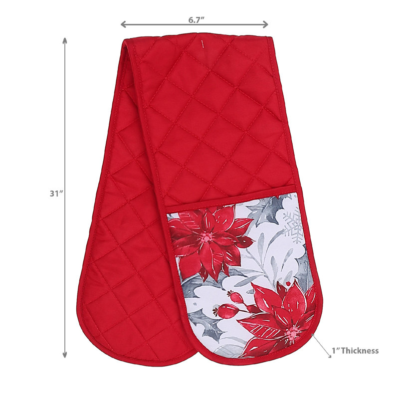 Red and Gray Cotton Double Oven Mitt with Poinsettia Design