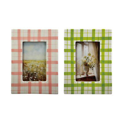 Hand-Painted Stoneware Plaid Photo Frame Set
