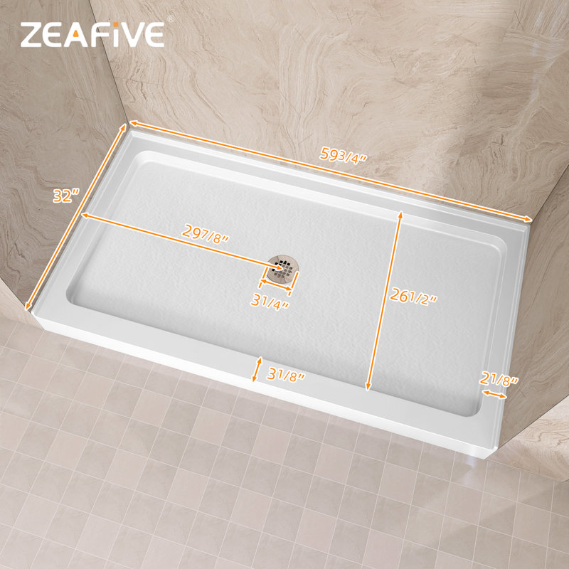 32 In. D X 60 In. W X 5 1/2 In. H Drain Single Threshold Shower Base, Center