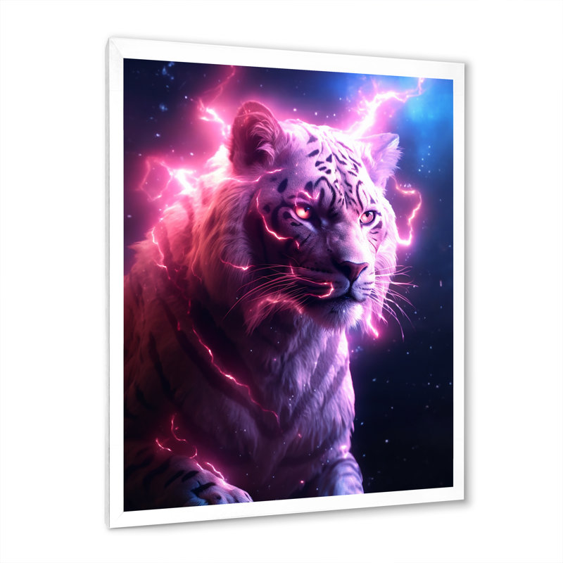 Tigre de rose éclairant sur toile, H 32 po x l 16 po x P 1 po, Cadre simple blanc