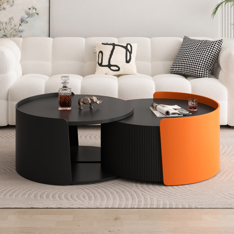 Nesting Coffee Table, Round Nesting Tables And End Tables For Small Space, Modern Side Tables With Extendable Sliding Tabletop For Living Room, Office, No Need Assembly