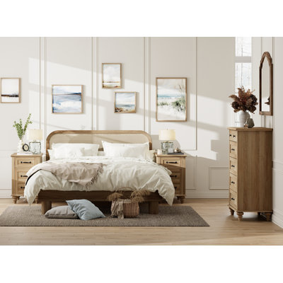 3 Piece Dresser And Nightstand Sets, One 5 Drawer Dressers & Two Bedside Table, Oak