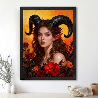Reproduction d'art encadrée noire rétro avec corne de taureau gothique et rose rouge