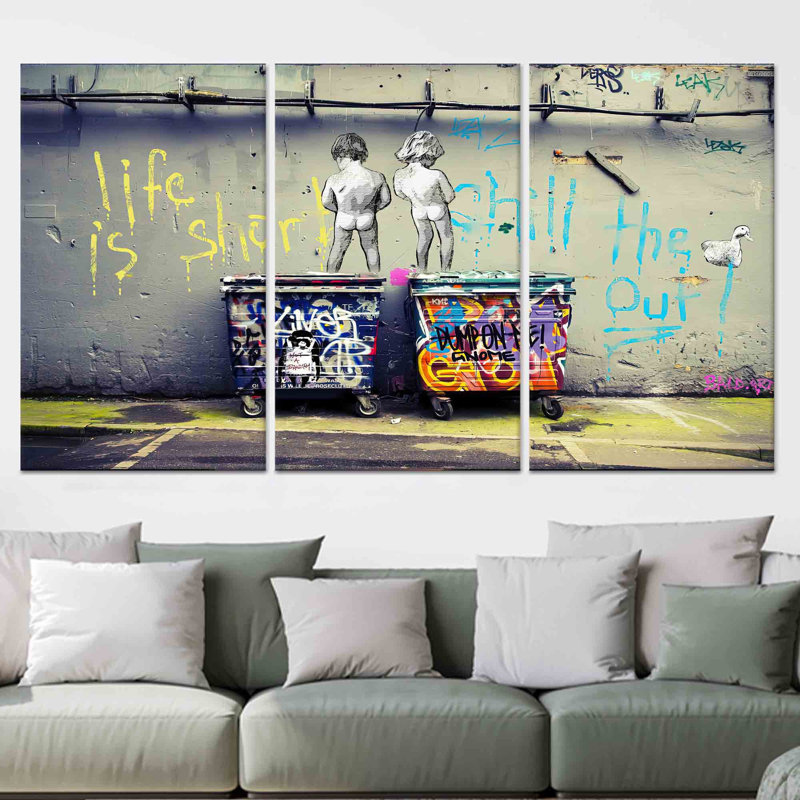 Impression sur toile Banksy Peeing Boy - Graffiti Wall Art, 3P, toile tendue, H: 47,2 po x l: 59,1 po