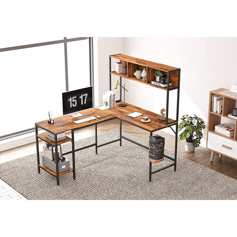 Emarri L-Shaped Stainless Steel Computer Desk, Dark Rustic