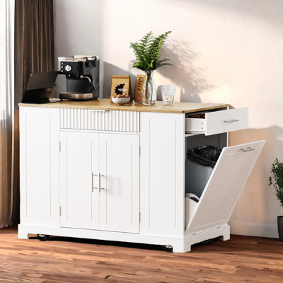 Fluted Kitchen Island With Pull-Out Trash Bin, Power Outlet, Adjustable Shelves, and Hidden Wheels