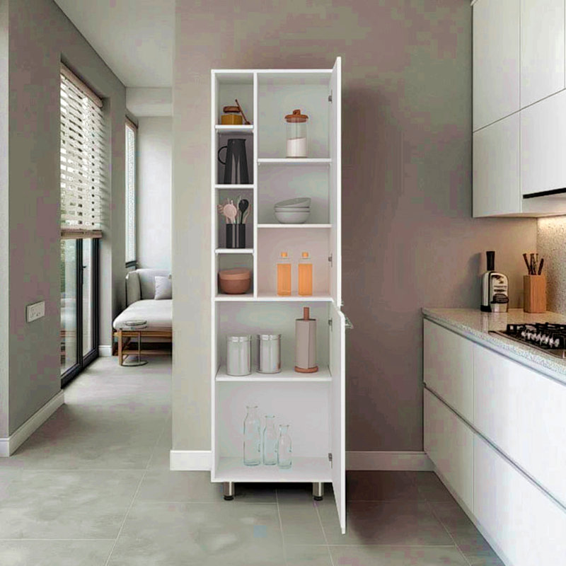 Garde-manger, plusieurs tablettes ouvertes et fermées, design moderne