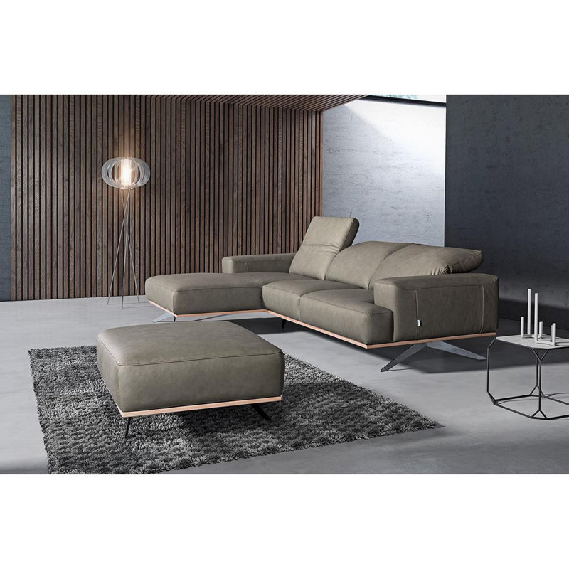 Edeltraut Genuine Leather Corner Sofa with Wooden Frame, Grey, Left Hand Facing