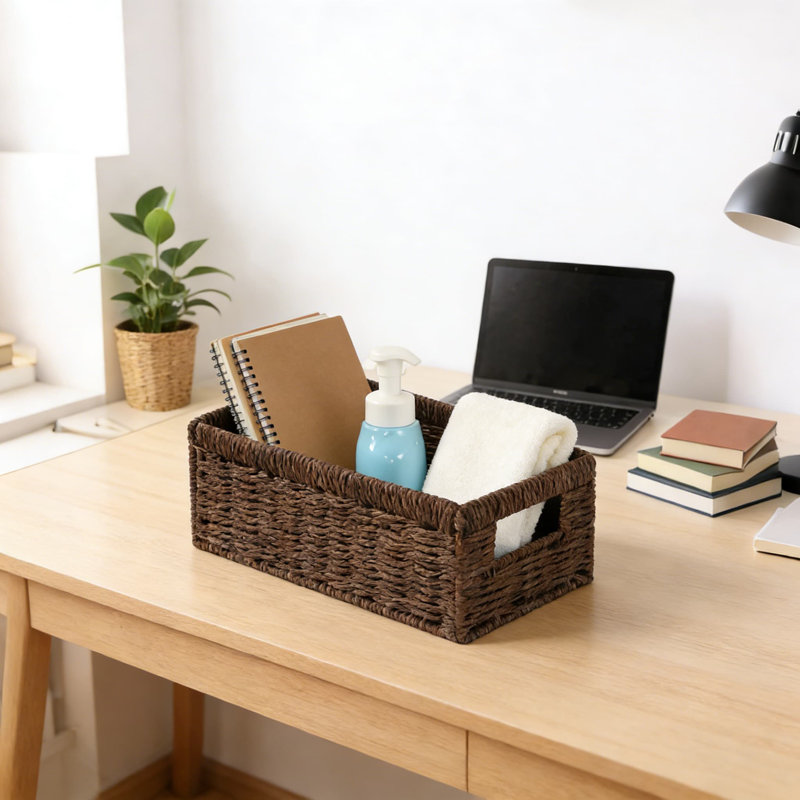 Handwoven Paper Rope Storage Basket Set, Foldable Wicker Organizer Bins With Handles For Bathroom Countertop, Toilet Tank, And Home Organization