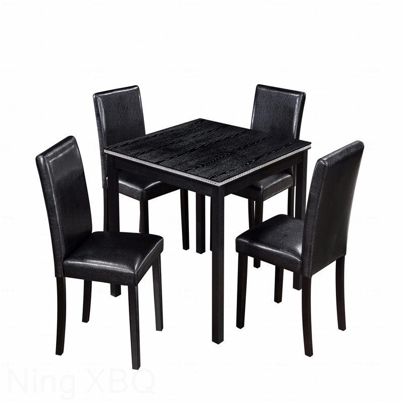 Ensemble de salle à manger en bois 5 pièces: table carrée et 4 chaises rembourrées, décoration en cristal, Noir, Noir