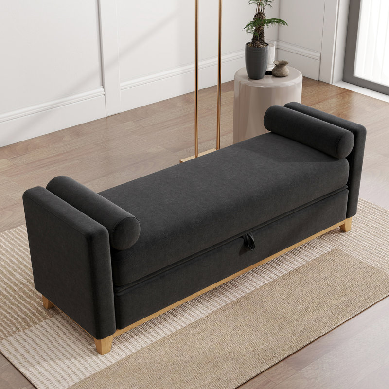 Banc de rangement multifonctionnel noir de 66 pouces avec des pieds en bois massif, 2 coussins décoratifs et un design élégant, pour un couloir exquis