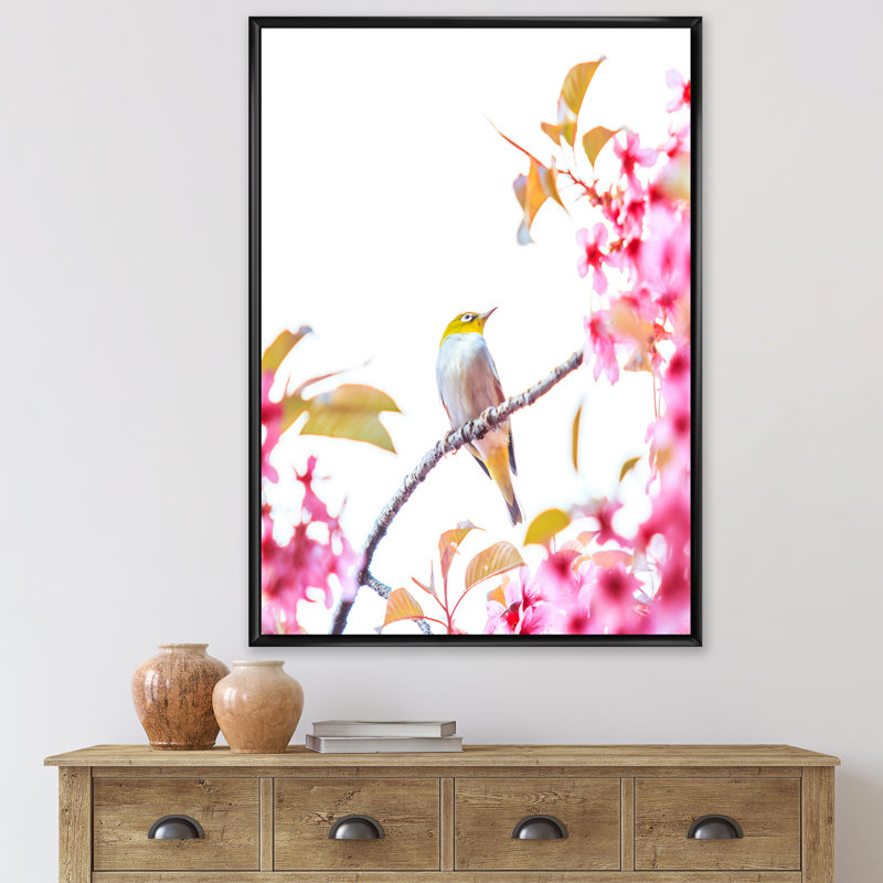 " Bird On Cherry Blossom ", Black Framed, 20" H  x 12" W  x 1" D