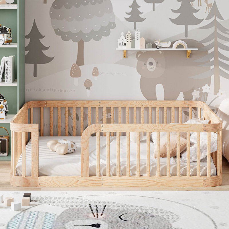 Floor Bed With Fence, Full, Natural