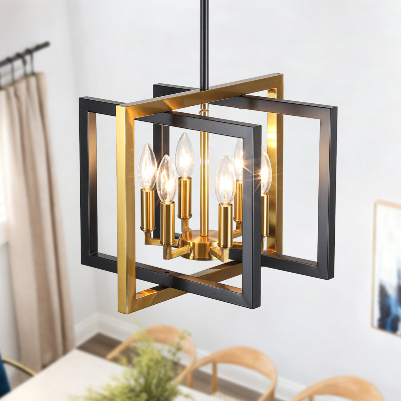 6-Light 15 in. Dimmable Modern Industrial Geometric Candle Style Chandelier with Square Open Frame For Kitchen Island Living Room And Entryway 