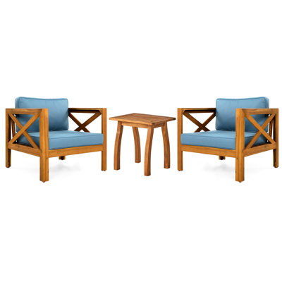 Fauteuil club d'extérieur en bois avec coussins bleus, fini, résistant aux intempéries, s'adapte aux espaces de patio rembourrés pour les espaces et aux sièges spacieux