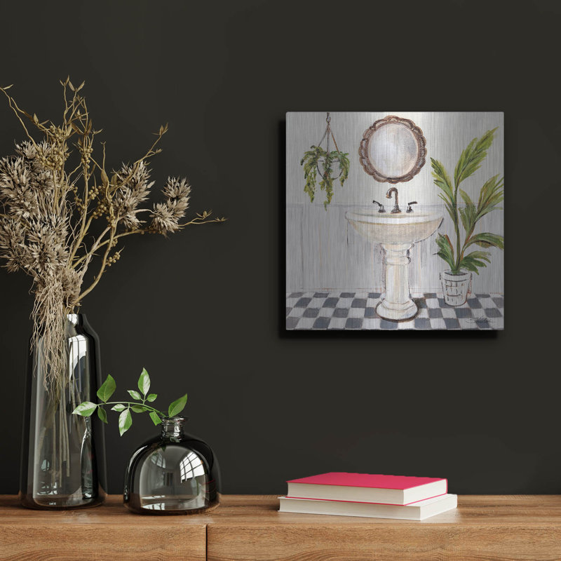 Art mural en métal luxueux «Crisp Cottage Bathroom 2» par Silvia Vassileva, 12 po x 12 po