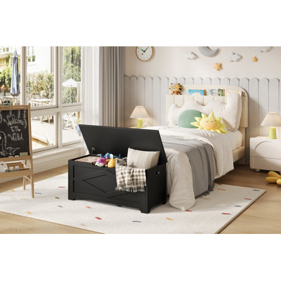 Banc de rangement en bois lavé de 39,4 po avec charnières de sécurité, coffre de rangement pour le vestibule, la chambre à coucher et le salon