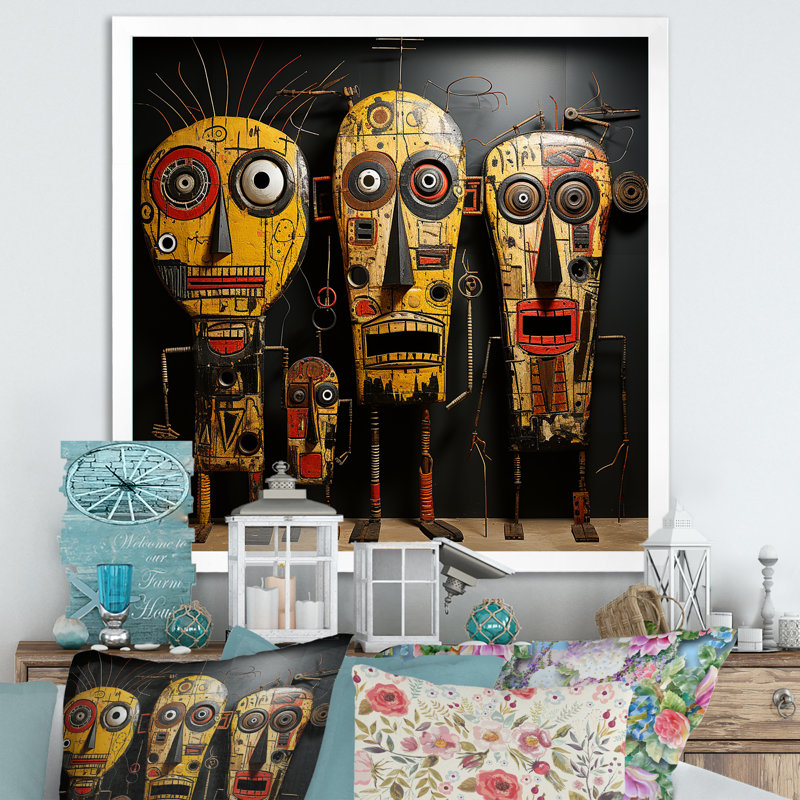 Tribal masque africain II - Masque africain, art mural, Cadre flottant blanc, H 36 po x l 36 po x P 1,5 po