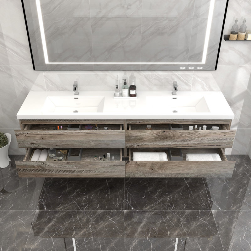 Ensemble de meuble-lavabo double mural 84 po Dameion, Bois naturel