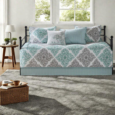 Ensemble de literie moderne réversible turquoise, courtepointe en coton au design botanique, parfait pour les chambres d'amis