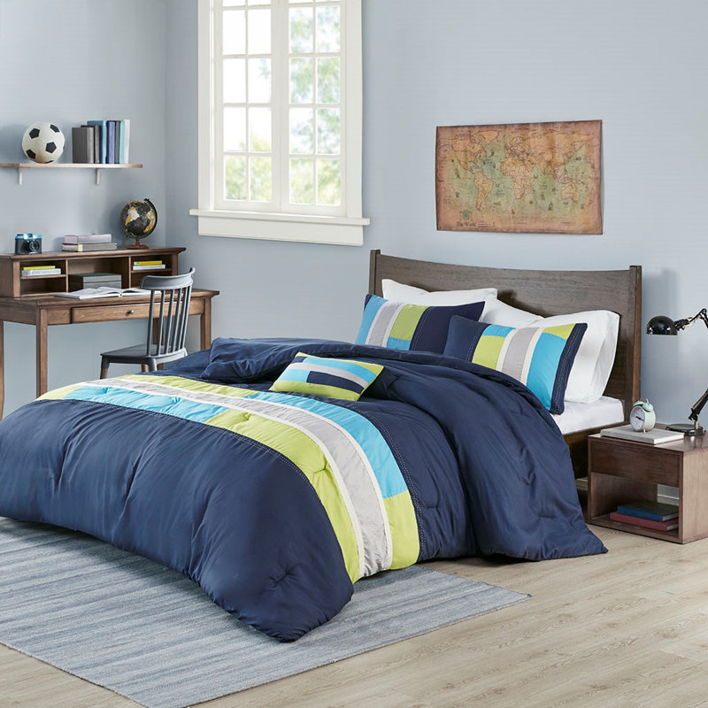 Navy Twin Microfiber Striped Comforter Set