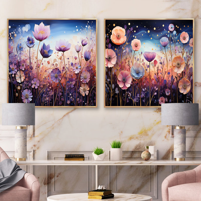 Blue Enchanted Gardens I - Abstract Botanicals Square - ensemble de 2 collages carrés, Cadre flottant doré, H 30 po x l 61 po
