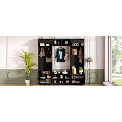 VIBE HAUS 79.1''Wide Modern Hall Tree With Shoe Storage, 4-In-1 Entryway Bench With 8 Cubbies, 7 Coat Hooks & Adjustable Shelf For Hallway, Living Room, Black