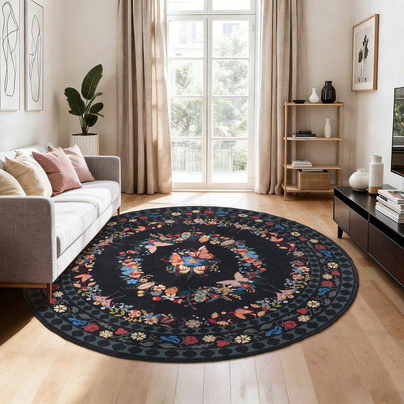 Washable Round Butterfly Print Area Rug