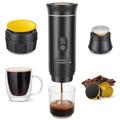3-en-1 Cafetière auto-chauffante sans fil portative 20Bar Pression 7500mah Batterie 194 ℉ Chauffage anti-sec pour capsule de café moulu