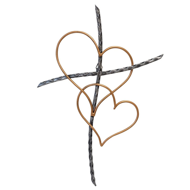 Metal Sticks Cross Double Copper Heart Accent Hanging Cross Décor