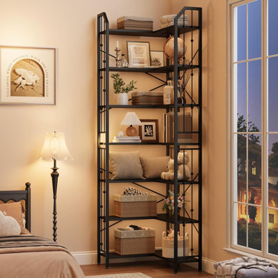 86" L Shaped Corner Bookshelf 7 Tier Industrial Bookcase Tall Display Shelf Storage Rack for Living Room Bedroom Home Office