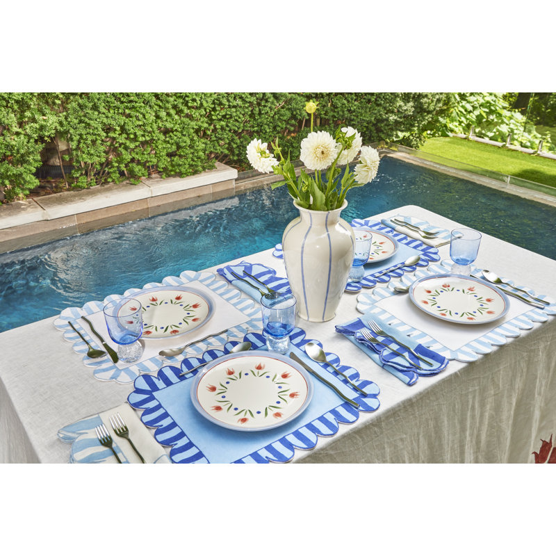 Embroidered Linen Scalloped Stripe Double-Sided Placemats, Orange