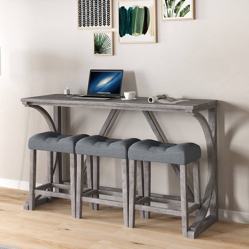 Bar Table Set With Power Outlet, Bar Table And Chairs Set, 4 Piece Dining Table Set, Industrial Breakfast Table Set, For Living Room, Dining Room, Game Room