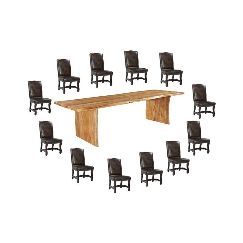13-Piece Live Edge Solid Wood Dining Set, Natural, Dark Brown