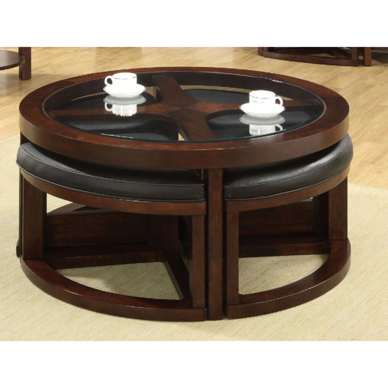 Table basse en noyer foncé avec insert en verre et repose-pieds pour le salon, décoration biseautée de 5 mm