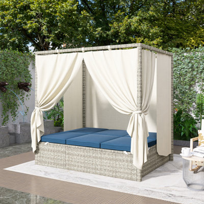 Outdoor Rattan Daybed, Adjustable Back, Polyester Cushion, With Canopy, Steel Frame, Easy To Install