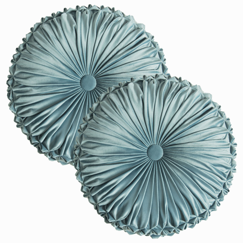 Round Throw Pillow Set Of 2 – Decorative Velvet Ruched Pumpkin Pillows With Button Center, Soft Handmade Cushions For Couch Sofa Bed Farmhouse Vintage Rustic Decor, 14.5"R