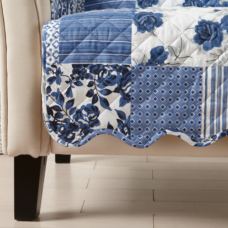 Navy Patchwork Reversible Scalloped Sofa Protector