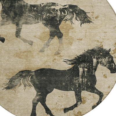 Tapis intérieur lavable à motif de cheval rond 8 pi beige et gris anthracite