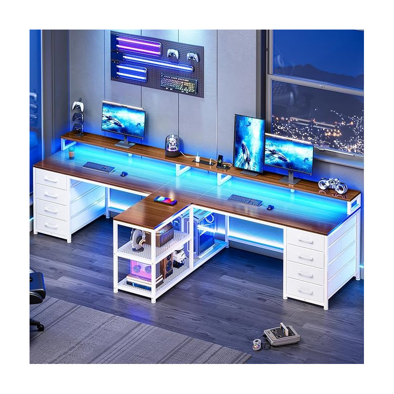 94.5" 2 Person Gaming Desk, Long Office Computer Desk With 8 Drawers & Led Lights, Brown/White