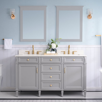 Jayseon 35'' H X 60'' W Solid Wood Bath Vanity with Carrera White Quartz Top and Double Sink