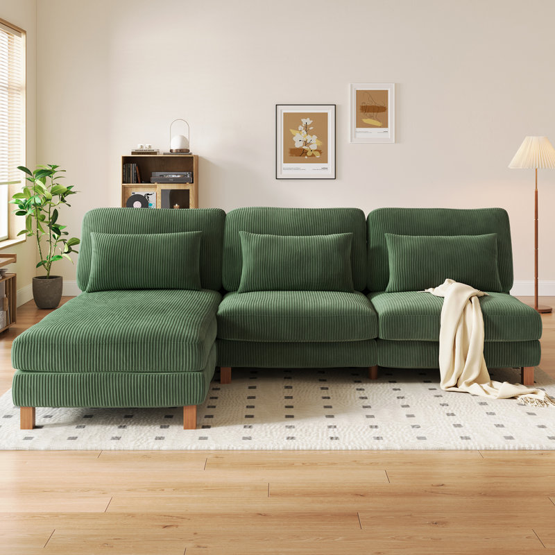 4 Seater Corduroy Sofa & Chaise, Green