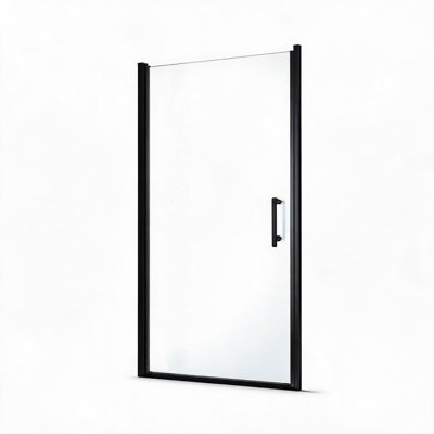 Porte de douche pivotante à un seul vantail en alliage d'aluminium noir mat de 76 à 81 cm de large, hauteur de 190 cm et verre trempé transparent de 6 mm d'épaisseur.