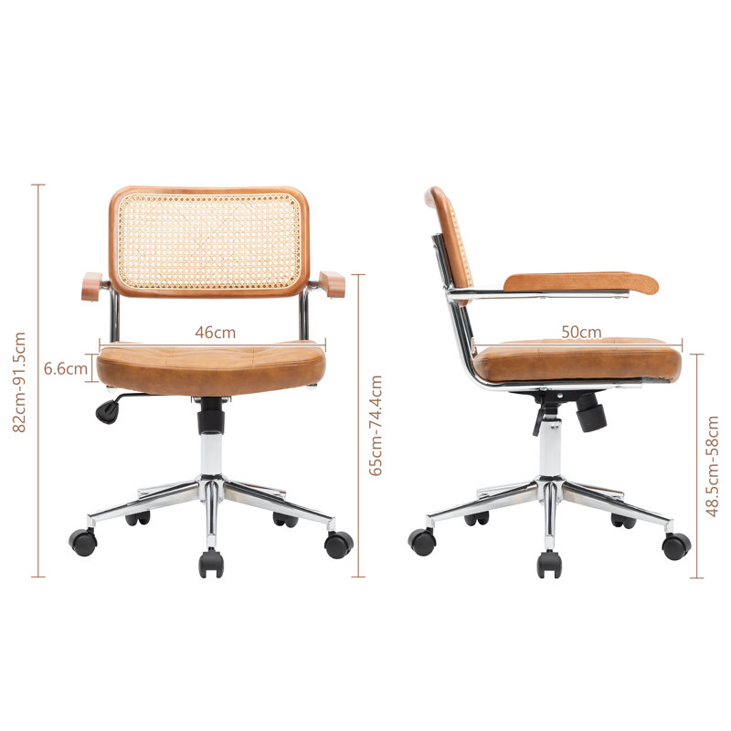 Rattan Back Mid-Century Swivel Office Chair with Wheels & Armrests, Brown