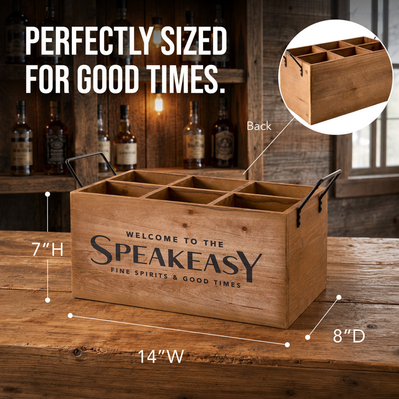 Speakeasy 6-Bottle Whiskey, Bourbon, Vodka Wooden Crate with Metal Handles, Rustic Drink Caddy and Divided Drink Carrier, Whiskey Gifts for Men, Dad, Husband, Home Bar & Man Cave Decor