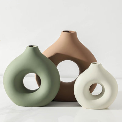 Set of 3 Brown Ceramic Decorative Vases, Small Tabletop Flower Vases for Modern Farmhouse Decor