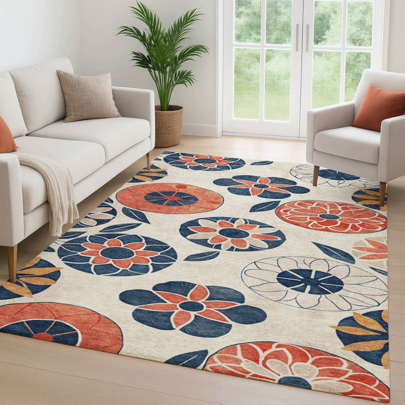 Tapis floral Premium lavable à la machine Mayfield, Beige, 9 pi x 12 pi
