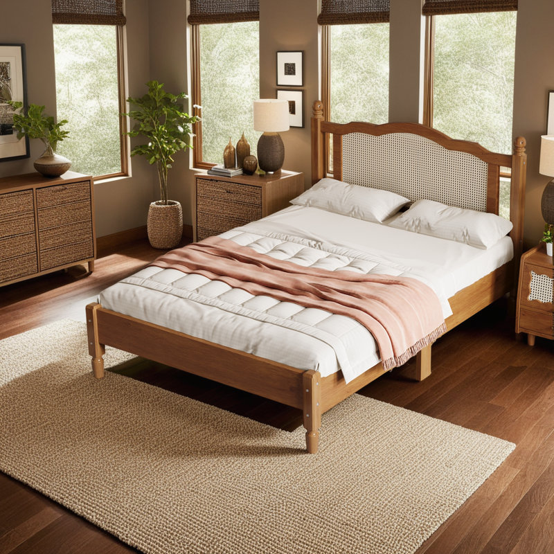 Lit plateforme en bois exquis avec tête de lit en rotin naturel pour un sommeil de rêve, Double, Noyer
