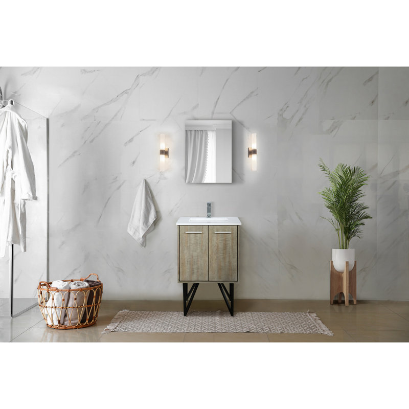 Meuble-lavabo rustique pour salle de bain avec comptoir en quartz blanc, robinet et miroir mural 18 po, 24"